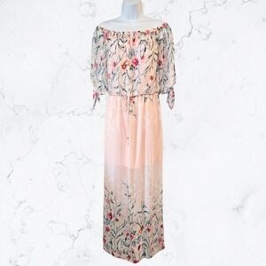 City Studio Pink Floral Off the Shoulder Chiffon Maxi Dress